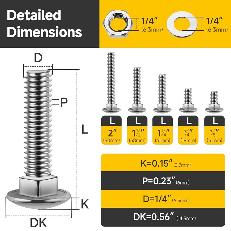 MYWISH 60Pcs 1/4-20 Carriage Bolts Screws Assortment Kit, Round Head Square Neck and Hex Nuts & Flat Washers, 5 Sizes 304 Stainless Steel Bright Finish 1/4 Bolts - Image 2